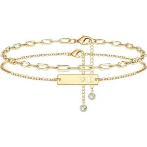 imageAnkle Bracelet for Women Initial Anklet 14K Gold Plated Dainty Adjustable Layered Paper clip Chain Letter Initial Anklets Set Summer Jewelry Gifts Anklets for Women Teen GirlsE