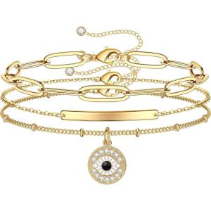 imageDainty Layered Evil Eye Bracelets for Women 14K Gold Filled Adjustable Bead Layering Bracelet Cute CZ Evil Eye Bar Coin Bracelet Gold Layered Paperclip Chain Bracelets for Women JewelryCoin Evil EyeBarPearl