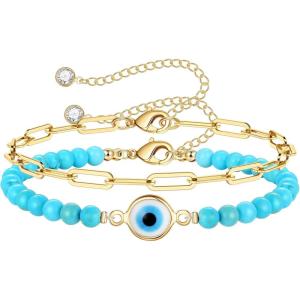 imageDainty Layered Evil Eye Bracelets for Women 14K Gold Filled Adjustable Bead Layering Bracelet Cute CZ Evil Eye Bar Coin Bracelet Gold Layered Paperclip Chain Bracelets for Women JewelryBlue Turquoise Evil EyePaperclip Chain