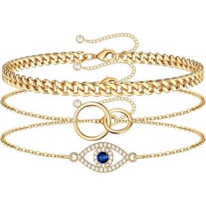imageDainty Layered Evil Eye Bracelets for Women 14K Gold Filled Adjustable Bead Layering Bracelet Cute CZ Evil Eye Bar Coin Bracelet Gold Layered Paperclip Chain Bracelets for Women JewelryEvil EyeInfinity CircleCuban Chain