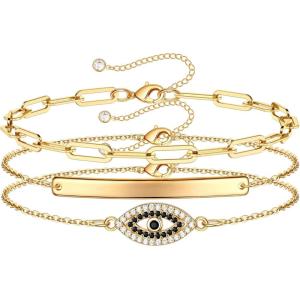 imageDainty Layered Evil Eye Bracelets for Women 14K Gold Filled Adjustable Bead Layering Bracelet Cute CZ Evil Eye Bar Coin Bracelet Gold Layered Paperclip Chain Bracelets for Women JewelryEvil EyeBarPaperclip Chain