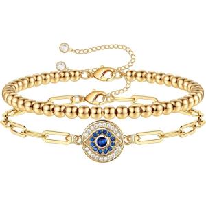 imageDainty Layered Evil Eye Bracelets for Women 14K Gold Filled Adjustable Bead Layering Bracelet Cute CZ Evil Eye Bar Coin Bracelet Gold Layered Paperclip Chain Bracelets for Women JewelryEvil EyeBead