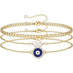 imageDainty Layered Evil Eye Bracelets for Women 14K Gold Filled Adjustable Bead Layering Bracelet Cute CZ Evil Eye Bar Coin Bracelet Gold Layered Paperclip Chain Bracelets for Women JewelryCoin Evil EyePearlCuban Chain