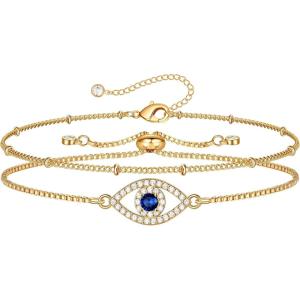 imageDainty Layered Evil Eye Bracelets for Women 14K Gold Filled Adjustable Bead Layering Bracelet Cute CZ Evil Eye Bar Coin Bracelet Gold Layered Paperclip Chain Bracelets for Women JewelryBox Chain Evil EyeSatellite Chain