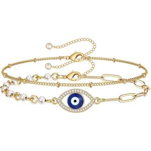 imageDainty Layered Evil Eye Bracelets for Women 14K Gold Filled Adjustable Bead Layering Bracelet Cute CZ Evil Eye Bar Coin Bracelet Gold Layered Paperclip Chain Bracelets for Women JewelryChain Evil EyeSatellite Chain