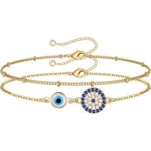 imageDainty Layered Evil Eye Bracelets for Women 14K Gold Filled Adjustable Bead Layering Bracelet Cute CZ Evil Eye Bar Coin Bracelet Gold Layered Paperclip Chain Bracelets for Women JewelryTwo Evil EyeSatellite Chain