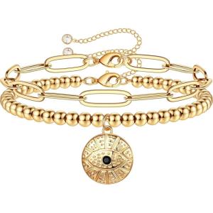 imageDainty Layered Evil Eye Bracelets for Women 14K Gold Filled Adjustable Bead Layering Bracelet Cute CZ Evil Eye Bar Coin Bracelet Gold Layered Paperclip Chain Bracelets for Women JewelryCoin Evil EyePaperclip Chain