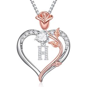 imageHidepoo Gifts for Women  S925 Sterling Silver Rose Love Heart Initial Letter Pendant Necklace Jewelry Mothers Day Valentines Anniversary Birthday Gifts for Her Mom Wife GirlfriendH