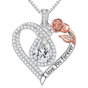 imageHidepoo Gifts for Women Mom Wife  Sterling Silver Rose Heart Birthstone Necklace I Love You Forever Heart Pendant Teardrop Necklace Jewelry Anniversary Birthday Gifts for Women04AprWhite Topaz