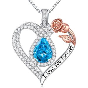imageHidepoo Gifts for Women Mom Wife  Sterling Silver Rose Heart Birthstone Necklace I Love You Forever Heart Pendant Teardrop Necklace Jewelry Anniversary Birthday Gifts for Women11NovBlue Topaz