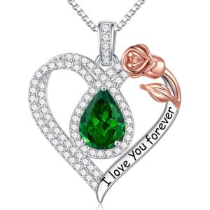 imageHidepoo Gifts for Women Mom Wife  Sterling Silver Rose Heart Birthstone Necklace I Love You Forever Heart Pendant Teardrop Necklace Jewelry Anniversary Birthday Gifts for Women05MayEmerald