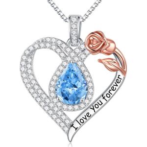 imageHidepoo Gifts for Women Mom Wife  Sterling Silver Rose Heart Birthstone Necklace I Love You Forever Heart Pendant Teardrop Necklace Jewelry Anniversary Birthday Gifts for Women03MarAquamarine