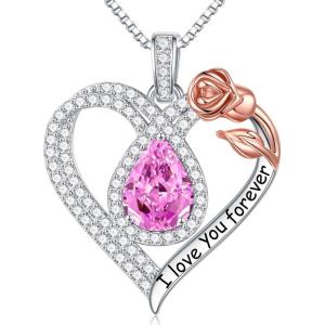 imageHidepoo Gifts for Women Mom Wife  Sterling Silver Rose Heart Birthstone Necklace I Love You Forever Heart Pendant Teardrop Necklace Jewelry Anniversary Birthday Gifts for Women10OctPink Sapphire