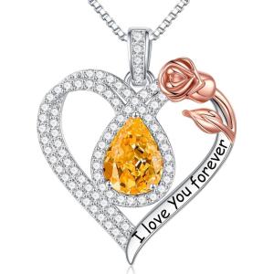 imageHidepoo Gifts for Women Mom Wife  Sterling Silver Rose Heart Birthstone Necklace I Love You Forever Heart Pendant Teardrop Necklace Jewelry Anniversary Birthday Gifts for Women11NovCitrine