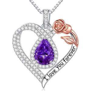 imageHidepoo Gifts for Women Mom Wife  Sterling Silver Rose Heart Birthstone Necklace I Love You Forever Heart Pendant Teardrop Necklace Jewelry Anniversary Birthday Gifts for Women02FebAmethyst