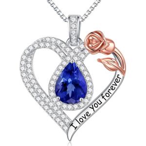 imageHidepoo Gifts for Women Mom Wife  Sterling Silver Rose Heart Birthstone Necklace I Love You Forever Heart Pendant Teardrop Necklace Jewelry Anniversary Birthday Gifts for Women09SepSapphire