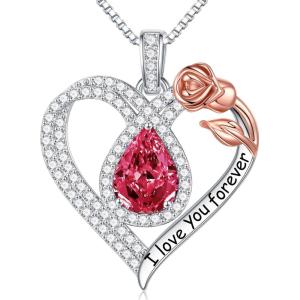 imageHidepoo Gifts for Women Mom Wife  Sterling Silver Rose Heart Birthstone Necklace I Love You Forever Heart Pendant Teardrop Necklace Jewelry Anniversary Birthday Gifts for Women07JulRuby
