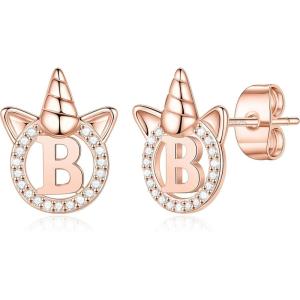 imageHidepoo Unicorn Gifts for Girls Earrings S925 Sterling Silver Post GoldRose GoldWhite Gold Plated CZ Unicorn Stud Earrings Letter Initial Unicorn Earrings for Girls Jewelry Unicorn GiftsRose Gold B