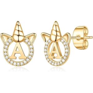 imageHidepoo Unicorn Gifts for Girls Earrings S925 Sterling Silver Post GoldRose GoldWhite Gold Plated CZ Unicorn Stud Earrings Letter Initial Unicorn Earrings for Girls Jewelry Unicorn GiftsGold A
