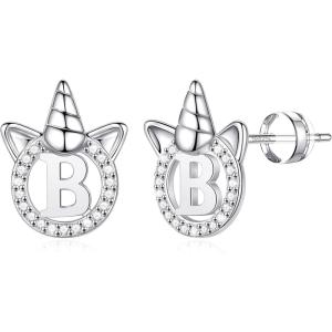 imageHidepoo Unicorn Gifts for Girls Earrings S925 Sterling Silver Post GoldRose GoldWhite Gold Plated CZ Unicorn Stud Earrings Letter Initial Unicorn Earrings for Girls Jewelry Unicorn GiftsSilver B