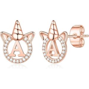 imageHidepoo Unicorn Gifts for Girls Earrings S925 Sterling Silver Post GoldRose GoldWhite Gold Plated CZ Unicorn Stud Earrings Letter Initial Unicorn Earrings for Girls Jewelry Unicorn GiftsRose Gold A