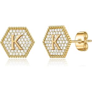 imageInitial Stud Earrings for Girls Tiny S925 Sterling Silver 14K Gold Plated Girls Earrings CZ Hypoallergenic Sensitive Hexagon Alphabet Letter K Stud Earrings for Toddler Kids
