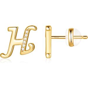 imageInitial Stud Earrings for Girls Women S925 Sterling Silver Post 14K Gold Plated Girls Earrings Hypoallergenic Sensitive Alphabet CZ Letter Stud Earrings for Toddler Kids H Initial Studs