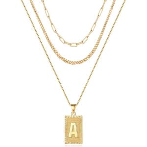imageGold Layered Initial Necklaces for Women 14K Gold Plated Paperclip Cuban Chain Choker Necklace Layering Box Chain Square Capital AZ Letter Necklace Layered Necklaces for Women Men Gold Jewelry