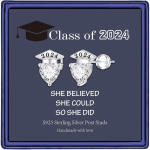 imageGraduation Gifts for Her Earrings S925 Sterling Silver Post CZ Heart 2024 Initial Stud Earrings 14K Gold Plated Hypoallergenic Earrings for Sensitive Ears College Graduation Gifts for HerSilverWhite CZ