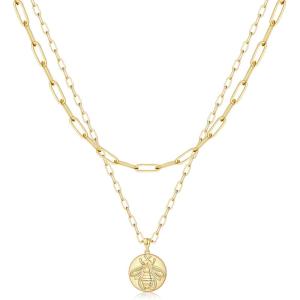 imageHidepoo Gold Layered Necklaces for Women 14K Gold Plated Dainty Coin Pendant Choker Necklace Herringbone Snake Necklace Paperclip Chain Layered Necklaces for Women Jewelry Gifts2 LayerLink ChainBee
