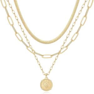 imageHidepoo Gold Layered Necklaces for Women 14K Gold Plated Dainty Coin Pendant Choker Necklace Herringbone Snake Necklace Paperclip Chain Layered Necklaces for Women Jewelry Gifts3 LayerSnake ChainLink ChainCoin