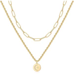 imageHidepoo Gold Layered Necklaces for Women 14K Gold Plated Dainty Coin Pendant Choker Necklace Herringbone Snake Necklace Paperclip Chain Layered Necklaces for Women Jewelry Gifts2 Layer Link ChainMoon Star Coin
