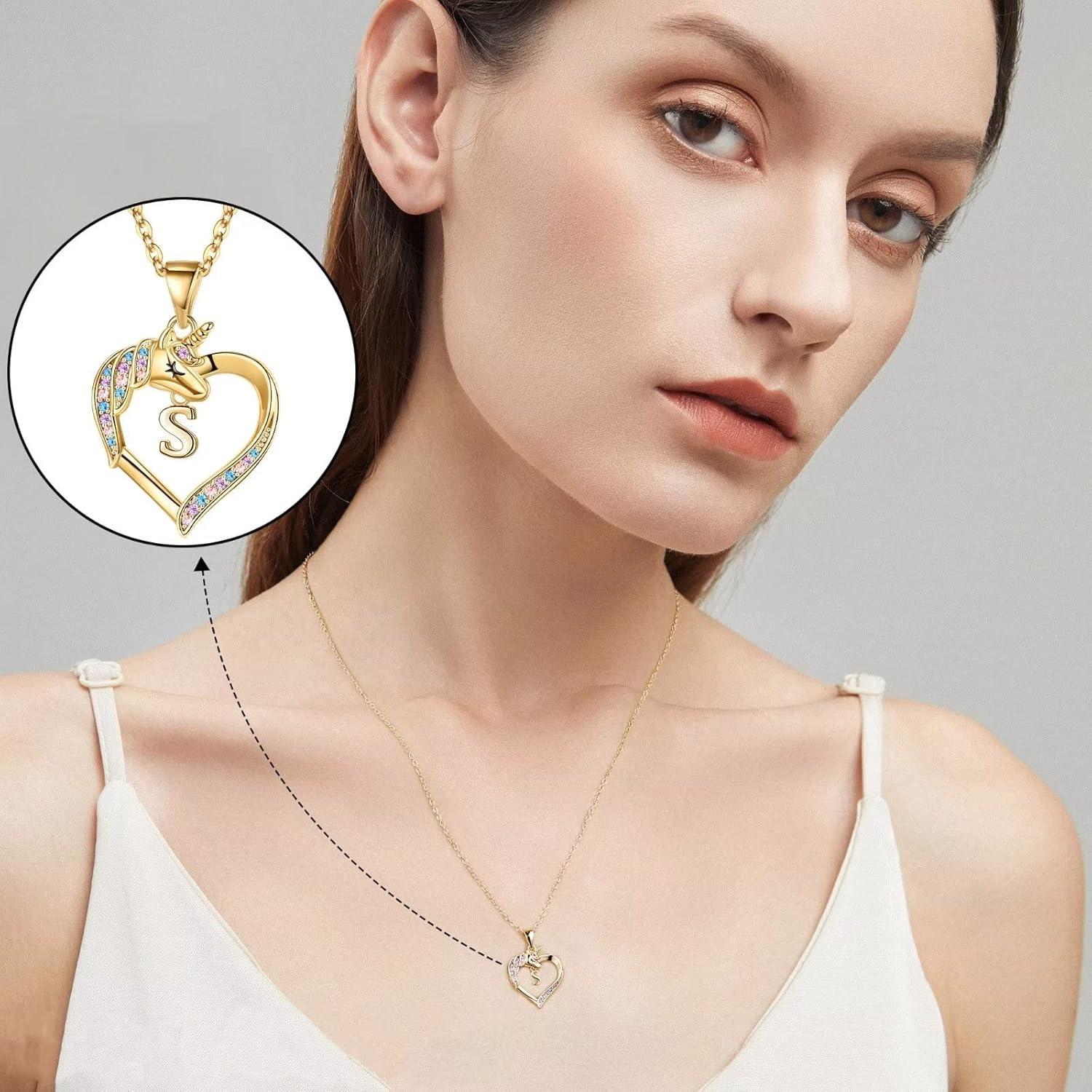 imageHidepoo Unicorn Necklace Gifts for Girls 14K Gold Plated Colorful CZ Heart Unicorn Necklace Girls Jewelry Initial Unicorn Necklaces for Girls Birthday Gifts Unicorn GiftsL