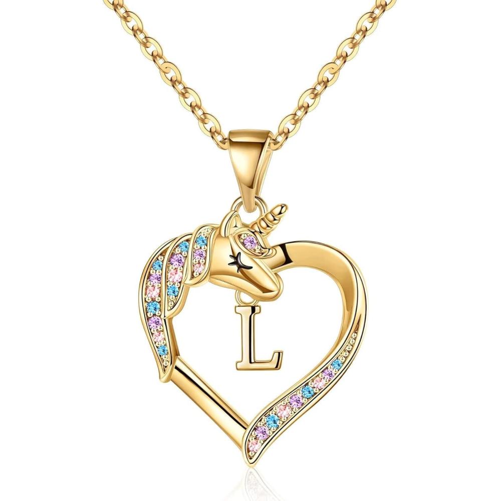 imageHidepoo Unicorn Necklace Gifts for Girls 14K Gold Plated Colorful CZ Heart Unicorn Necklace Girls Jewelry Initial Unicorn Necklaces for Girls Birthday Gifts Unicorn GiftsL