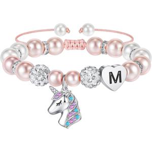 imageHidepoo Unicorn Bracelet Gifts for Girls  Pink Pearl and Rhinestone Balls Heart Initial Unicorn Bracelets Jewelry Unicorn Gifts CZ Unicorn Bracelet Birthday Gifts for GirlsM