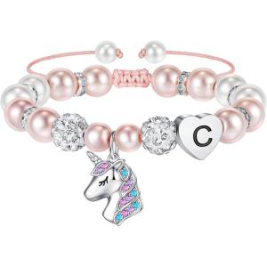 imageHidepoo Unicorn Bracelet Gifts for Girls  Pink Pearl and Rhinestone Balls Heart Initial Unicorn Bracelets Jewelry Unicorn Gifts CZ Unicorn Bracelet Birthday Gifts for GirlsC