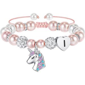 imageHidepoo Unicorn Bracelet Gifts for Girls  Pink Pearl and Rhinestone Balls Heart Initial Unicorn Bracelets Jewelry Unicorn Gifts CZ Unicorn Bracelet Birthday Gifts for GirlsI