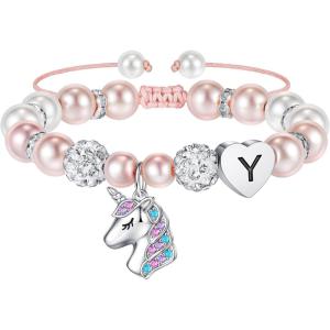 imageHidepoo Unicorn Bracelet Gifts for Girls  Pink Pearl and Rhinestone Balls Heart Initial Unicorn Bracelets Jewelry Unicorn Gifts CZ Unicorn Bracelet Birthday Gifts for GirlsY