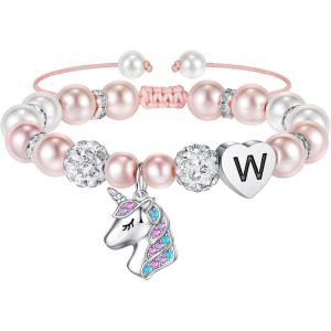 imageHidepoo Unicorn Bracelet Gifts for Girls  Pink Pearl and Rhinestone Balls Heart Initial Unicorn Bracelets Jewelry Unicorn Gifts CZ Unicorn Bracelet Birthday Gifts for GirlsW