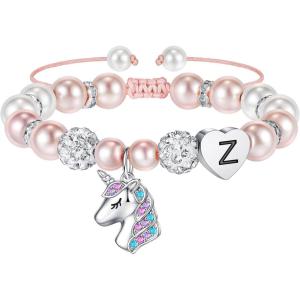 imageHidepoo Unicorn Bracelet Gifts for Girls  Pink Pearl and Rhinestone Balls Heart Initial Unicorn Bracelets Jewelry Unicorn Gifts CZ Unicorn Bracelet Birthday Gifts for GirlsZ