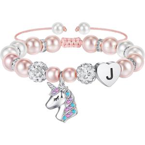 imageHidepoo Unicorn Bracelet Gifts for Girls  Pink Pearl and Rhinestone Balls Heart Initial Unicorn Bracelets Jewelry Unicorn Gifts CZ Unicorn Bracelet Birthday Gifts for GirlsJ