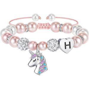 imageHidepoo Unicorn Bracelet Gifts for Girls  Pink Pearl and Rhinestone Balls Heart Initial Unicorn Bracelets Jewelry Unicorn Gifts CZ Unicorn Bracelet Birthday Gifts for GirlsH