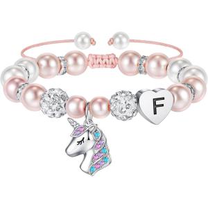 imageHidepoo Unicorn Bracelet Gifts for Girls  Pink Pearl and Rhinestone Balls Heart Initial Unicorn Bracelets Jewelry Unicorn Gifts CZ Unicorn Bracelet Birthday Gifts for GirlsF