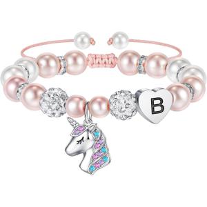 imageHidepoo Unicorn Bracelet Gifts for Girls  Pink Pearl and Rhinestone Balls Heart Initial Unicorn Bracelets Jewelry Unicorn Gifts CZ Unicorn Bracelet Birthday Gifts for GirlsB