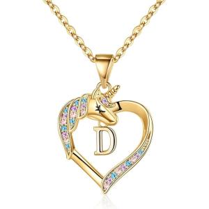 imageHidepoo Unicorn Necklace Gifts for Girls 14K Gold Plated Colorful CZ Heart Unicorn Necklace Girls Jewelry Initial Unicorn Necklaces for Girls Birthday Gifts Unicorn GiftsD