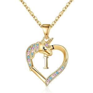 imageHidepoo Unicorn Necklace Gifts for Girls 14K Gold Plated Colorful CZ Heart Unicorn Necklace Girls Jewelry Initial Unicorn Necklaces for Girls Birthday Gifts Unicorn GiftsI