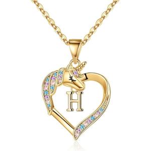 imageHidepoo Unicorn Necklace Gifts for Girls 14K Gold Plated Colorful CZ Heart Unicorn Necklace Girls Jewelry Initial Unicorn Necklaces for Girls Birthday Gifts Unicorn GiftsH