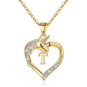 imageHidepoo Unicorn Necklace Gifts for Girls 14K Gold Plated Colorful CZ Heart Unicorn Necklace Girls Jewelry Initial Unicorn Necklaces for Girls Birthday Gifts Unicorn GiftsT