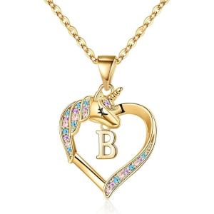 imageHidepoo Unicorn Necklace Gifts for Girls 14K Gold Plated Colorful CZ Heart Unicorn Necklace Girls Jewelry Initial Unicorn Necklaces for Girls Birthday Gifts Unicorn GiftsB