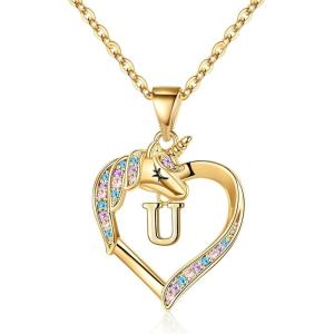 imageHidepoo Unicorn Necklace Gifts for Girls 14K Gold Plated Colorful CZ Heart Unicorn Necklace Girls Jewelry Initial Unicorn Necklaces for Girls Birthday Gifts Unicorn GiftsU
